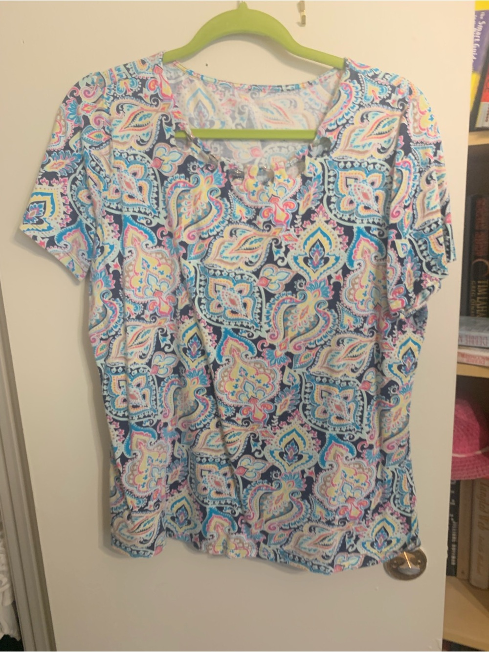 Kim Rogers Navy Multicolor Paisley Short Sleeve Top